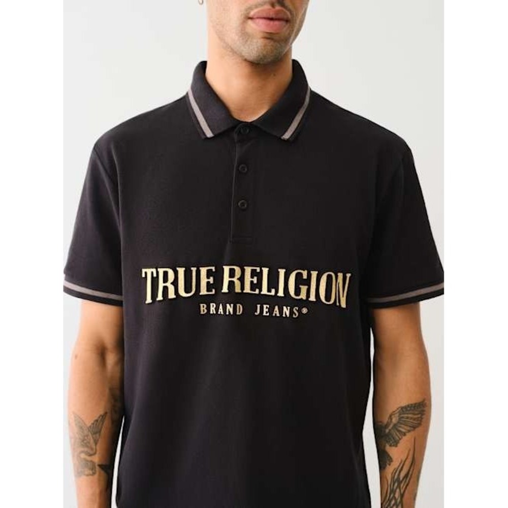 True Religion Foil Arch TR Polo Mens Medium Jet Black Metallic Logo 700497